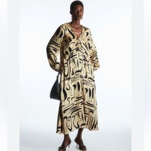 cos brown striped dress FOLDED-SHOULDER COTTON-JERSEY MIDI DRESS - WHITE / BROWN / STRIPED